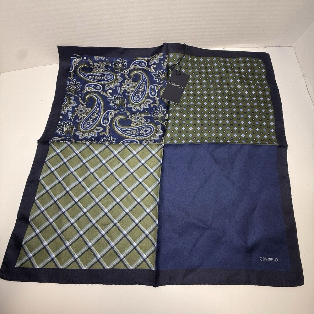 Cremieux Blue Green 4 Way 100% Silk Pocket Square New